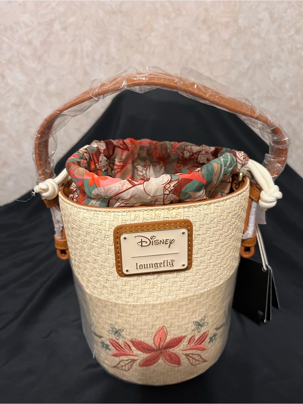 Loungefly Cream Floral Bucket Bag with Coral and Teal Drawstring
